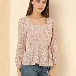Allegra K Floral Print Square Neck Long Sleeves Tie Waist Blouse Women