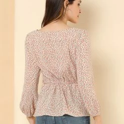 Allegra K Floral Print Square Neck Long Sleeves Tie Waist Blouse Women