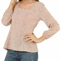 Allegra K Floral Print Square Neck Long Sleeves Tie Waist Blouse Women