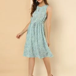 Allegra K Women's Printed Split Neck Drawstring Waist Sleeveless A-Line Dress 69 Allegra K Women's Printed Split Neck Drawstring Waist Sleeveless A-Line Dress
