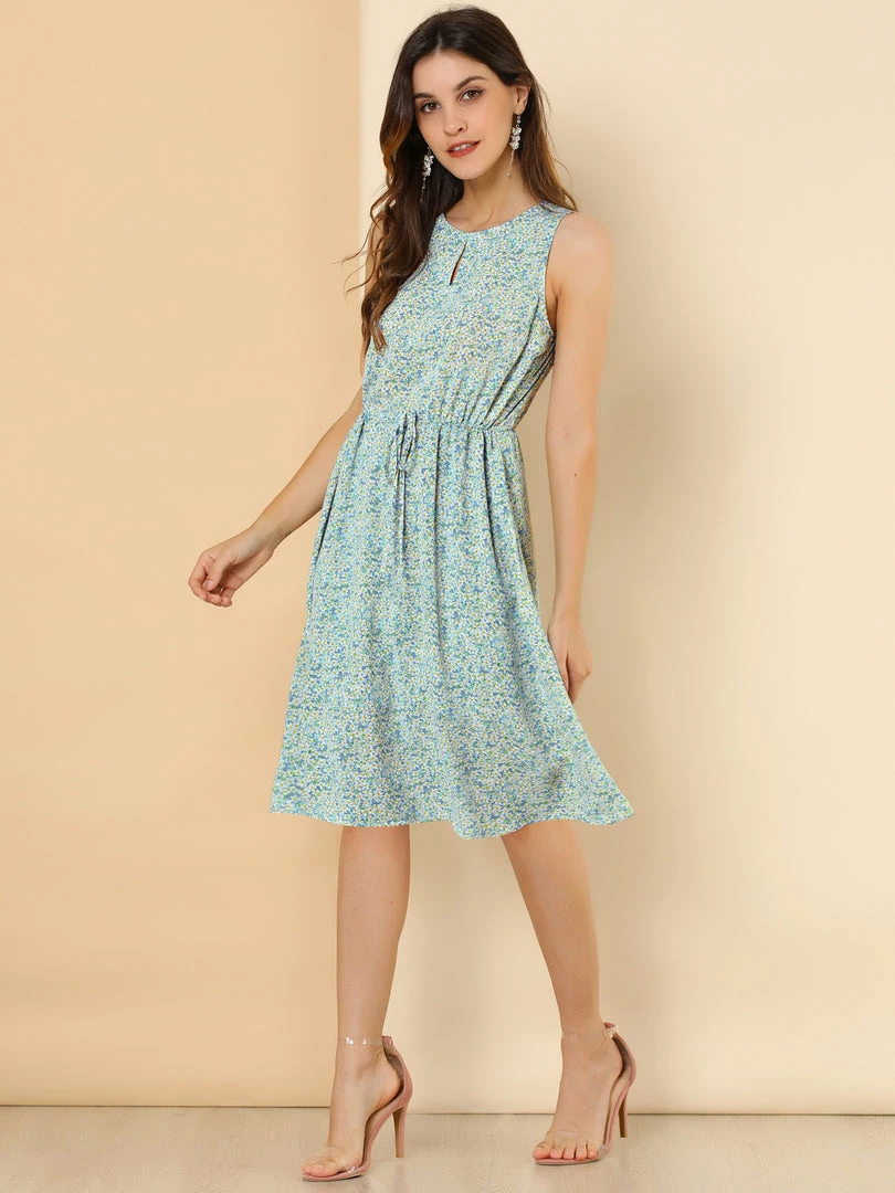 Allegra K Women's Printed Split Neck Drawstring Waist Sleeveless A-Line Dress 16 Allegra K Women's Printed Split Neck Drawstring Waist Sleeveless A-Line Dress