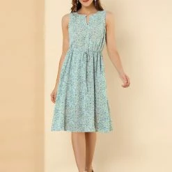 Allegra K Women's Printed Split Neck Drawstring Waist Sleeveless A-Line Dress 70 Allegra K Women's Printed Split Neck Drawstring Waist Sleeveless A-Line Dress
