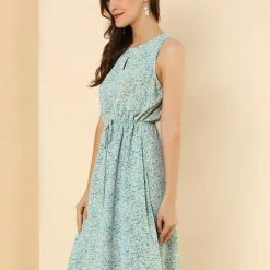 Allegra K Women's Printed Split Neck Drawstring Waist Sleeveless A-Line Dress 71 Allegra K Women's Printed Split Neck Drawstring Waist Sleeveless A-Line Dress