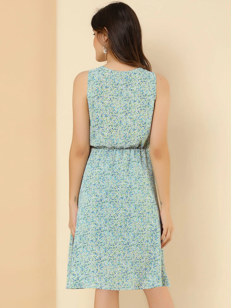 Allegra K Women's Printed Split Neck Drawstring Waist Sleeveless A-Line Dress 19 Allegra K Women's Printed Split Neck Drawstring Waist Sleeveless A-Line Dress