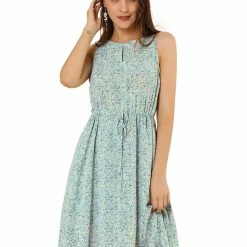 Allegra K Women's Printed Split Neck Drawstring Waist Sleeveless A-Line Dress 68 Allegra K Women's Printed Split Neck Drawstring Waist Sleeveless A-Line Dress