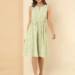 Allegra K Women's Printed Split Neck Drawstring Waist Sleeveless A-Line Dress 64 Allegra K Women's Printed Split Neck Drawstring Waist Sleeveless A-Line Dress