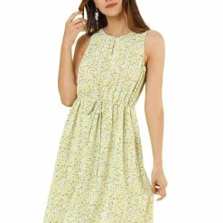 Allegra K Women's Printed Split Neck Drawstring Waist Sleeveless A-Line Dress 62 Allegra K Women's Printed Split Neck Drawstring Waist Sleeveless A-Line Dress