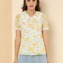 Allegra K Women's Peter Pan Collar Lace Embroidered Casual Floral Shirt Blouse 46 Allegra K Women's Peter Pan Collar Lace Embroidered Casual Floral Shirt Blouse