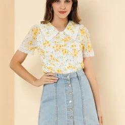 Allegra K Women's Peter Pan Collar Lace Embroidered Casual Floral Shirt Blouse 47 Allegra K Women's Peter Pan Collar Lace Embroidered Casual Floral Shirt Blouse