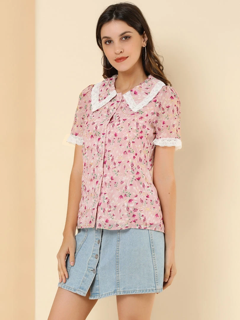 Allegra K Women's Peter Pan Collar Lace Embroidered Casual Floral Shirt Blouse 11 Allegra K Women's Peter Pan Collar Lace Embroidered Casual Floral Shirt Blouse