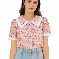 Allegra K Women's Peter Pan Collar Lace Embroidered Casual Floral Shirt Blouse 38 Allegra K Women's Peter Pan Collar Lace Embroidered Casual Floral Shirt Blouse