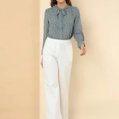 Allegra K Floral Ruffle Tie Neck Long Sleeve Blouse Women