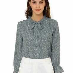 Allegra K Floral Ruffle Tie Neck Long Sleeve Blouse Women