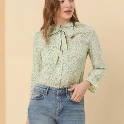 Allegra K Floral Ruffle Tie Neck Long Sleeve Blouse Women