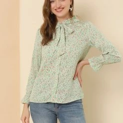 Allegra K Floral Ruffle Tie Neck Long Sleeve Blouse Women