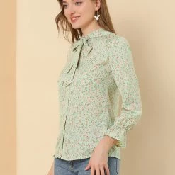 Allegra K Floral Ruffle Tie Neck Long Sleeve Blouse Women