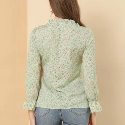 Allegra K Floral Ruffle Tie Neck Long Sleeve Blouse Women