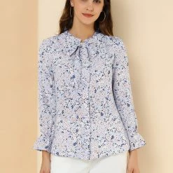 Allegra K Floral Ruffle Tie Neck Long Sleeve Blouse Women
