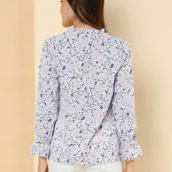 Allegra K Floral Ruffle Tie Neck Long Sleeve Blouse Women