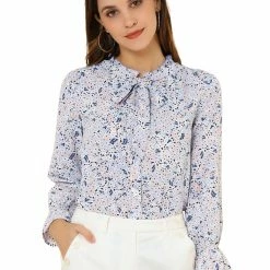 Allegra K Floral Ruffle Tie Neck Long Sleeve Blouse Women