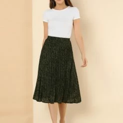 Allegra K Women‘s Casual Leopard Print Elastic Wasit Pleat A-Line Skirt