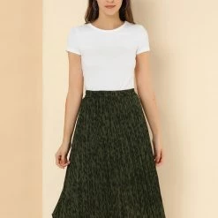 Allegra K Women‘s Casual Leopard Print Elastic Wasit Pleat A-Line Skirt