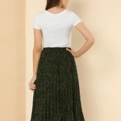 Allegra K Women‘s Casual Leopard Print Elastic Wasit Pleat A-Line Skirt