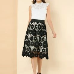 Allegra K Women's Vintage Floral Lace Elastic Waist Layered A-Line Skirt 24 Allegra K Women's Vintage Floral Lace Elastic Waist Layered A-Line Skirt