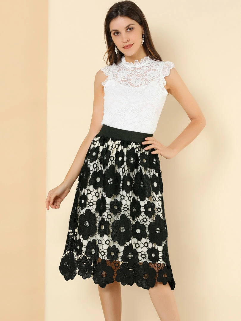 Allegra K Women's Vintage Floral Lace Elastic Waist Layered A-Line Skirt 13 Allegra K Women's Vintage Floral Lace Elastic Waist Layered A-Line Skirt