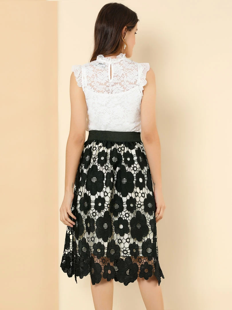 Allegra K Women's Vintage Floral Lace Elastic Waist Layered A-Line Skirt 14 Allegra K Women's Vintage Floral Lace Elastic Waist Layered A-Line Skirt