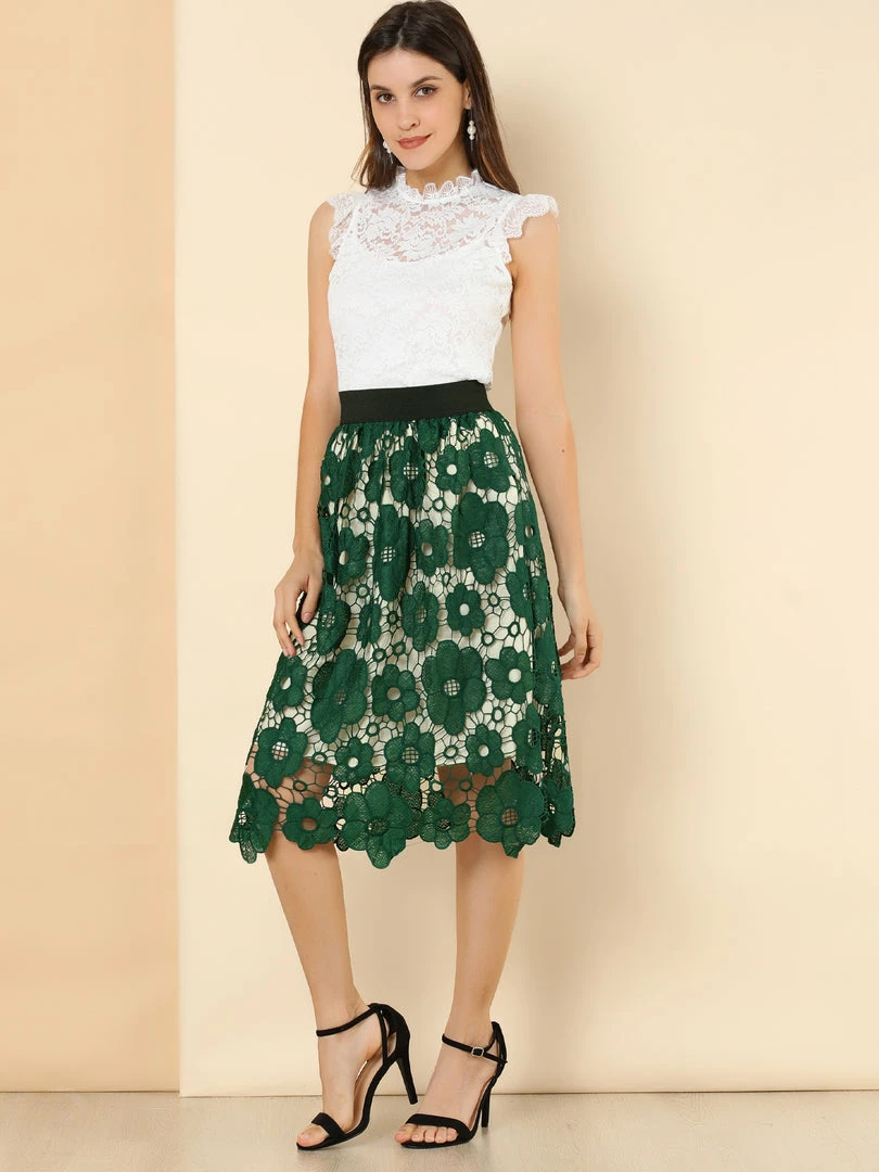 Allegra K Women's Vintage Floral Lace Elastic Waist Layered A-Line Skirt 5 Allegra K Women's Vintage Floral Lace Elastic Waist Layered A-Line Skirt