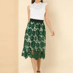 Allegra K Women's Vintage Floral Lace Elastic Waist Layered A-Line Skirt 18 Allegra K Women's Vintage Floral Lace Elastic Waist Layered A-Line Skirt