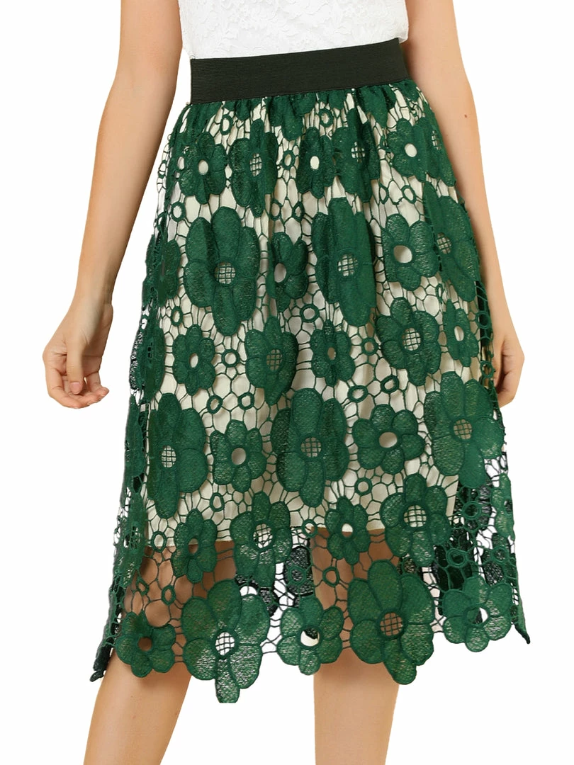 Allegra K Women's Vintage Floral Lace Elastic Waist Layered A-Line Skirt 4 Allegra K Women's Vintage Floral Lace Elastic Waist Layered A-Line Skirt