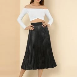 Allegra K Women's Elastic Waist Party Metallic Accordion Pleated Midi Skirt