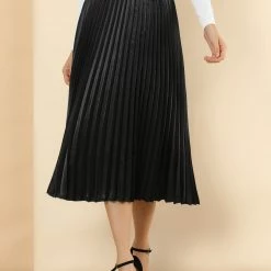 Allegra K Women's Elastic Waist Party Metallic Accordion Pleated Midi Skirt