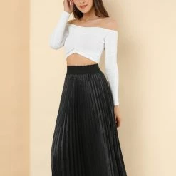 Allegra K Women's Elastic Waist Party Metallic Accordion Pleated Midi Skirt