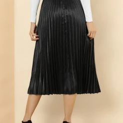 Allegra K Women's Elastic Waist Party Metallic Accordion Pleated Midi Skirt