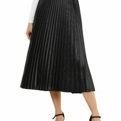 Allegra K Women's Elastic Waist Party Metallic Accordion Pleated Midi Skirt