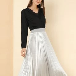 Allegra K Women's Elastic Waist Party Metallic Accordion Pleated Midi Skirt