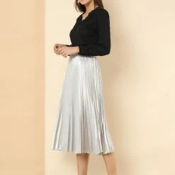 Allegra K Women's Elastic Waist Party Metallic Accordion Pleated Midi Skirt