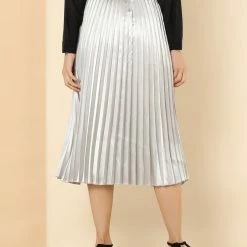 Allegra K Women's Elastic Waist Party Metallic Accordion Pleated Midi Skirt