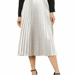 Allegra K Women's Elastic Waist Party Metallic Accordion Pleated Midi Skirt