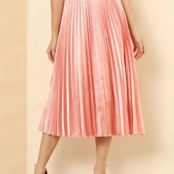 Allegra K Women's Elastic Waist Party Metallic Accordion Pleated Midi Skirt