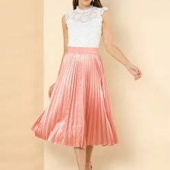 Allegra K Women's Elastic Waist Party Metallic Accordion Pleated Midi Skirt