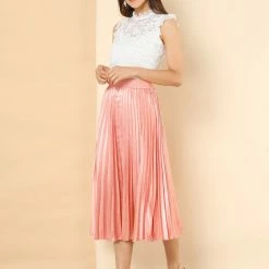 Allegra K Women's Elastic Waist Party Metallic Accordion Pleated Midi Skirt