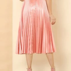 Allegra K Women's Elastic Waist Party Metallic Accordion Pleated Midi Skirt