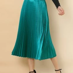 Allegra K Women's Elastic Waist Party Metallic Accordion Pleated Midi Skirt