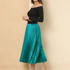 Allegra K Women's Elastic Waist Party Metallic Accordion Pleated Midi Skirt