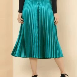 Allegra K Women's Elastic Waist Party Metallic Accordion Pleated Midi Skirt