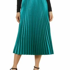 Allegra K Women's Elastic Waist Party Metallic Accordion Pleated Midi Skirt